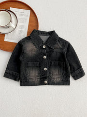 Baby Kids Button Front Design Washed Style Turndown Collar Denim