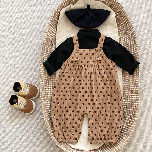 Polka Dot Overalls With Solid Color Shirts Sets