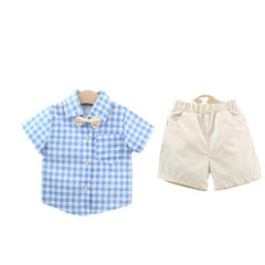 Summer Baby Kids Boys Blue Plaid Pattern Turn-Down Collar Short