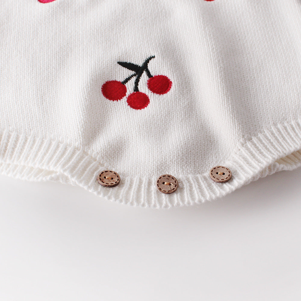 Baby Girl 1pc Cherry Embroidered Graphic Crotch Knitted Bodysuit &