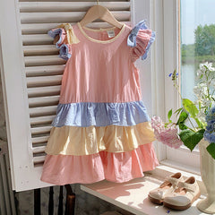 New Design Summer Kids Girls Colorful Color Patchwork Short Sleeves