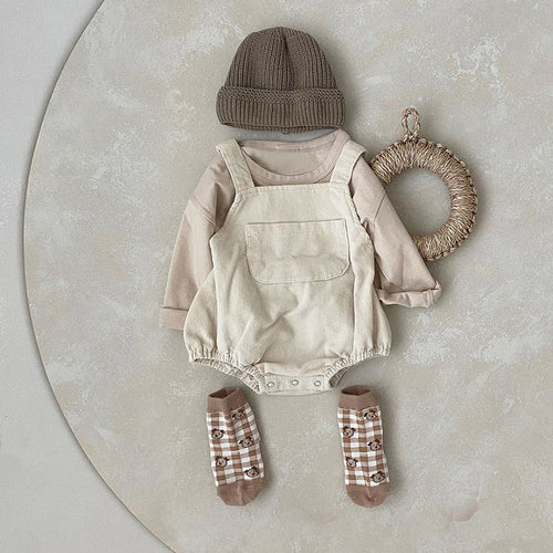 Baby Solid Color & Plaid Pattern Corduroy Fabric Strap Bodysuit