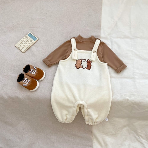 Winter Baby Unisex Basic Top and Teddy Cartoon Overalls Romper