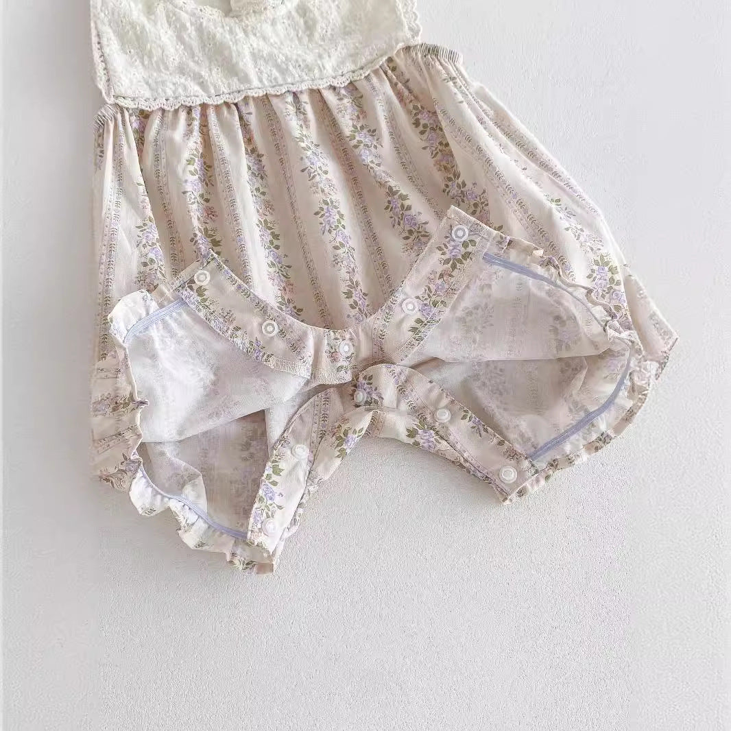 New Design Summer Baby Kids Girls Floral Pattern Ruffle Lace Neck