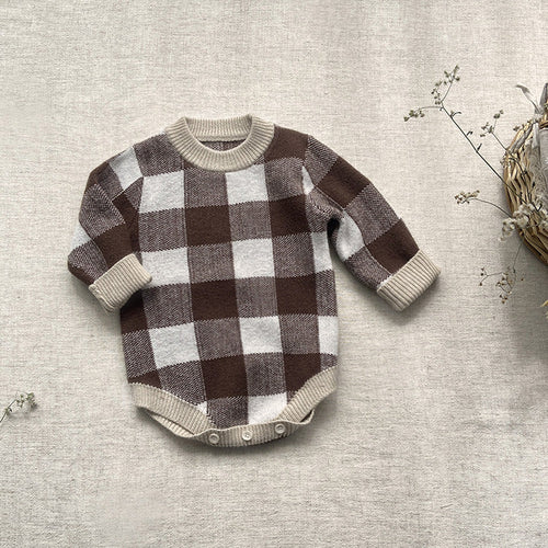 Baby Plaid Graphic Long Sleeve Crewneck Knit Thickened Onesies