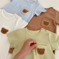 Baby Solid Color Bear Patched Pattern Comfy Summer Romper