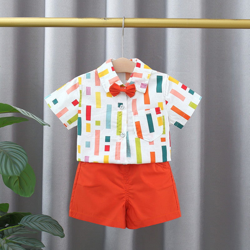 Summer Baby Kids Boys Colorful Striped Pattern Turn-Down Collar Short