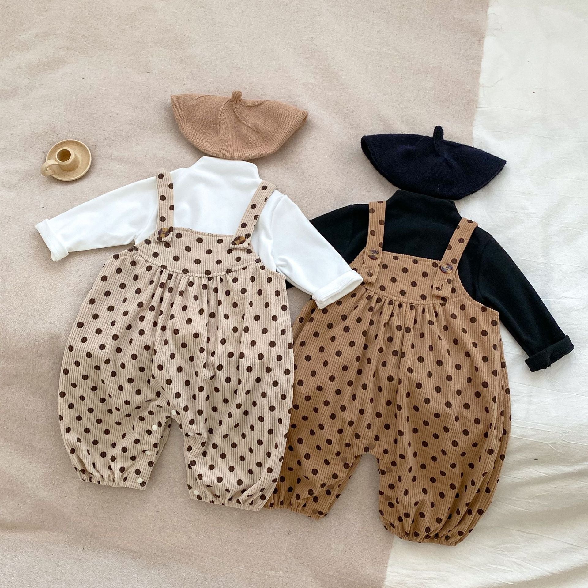 Polka Dot Overalls With Solid Color Shirts Sets