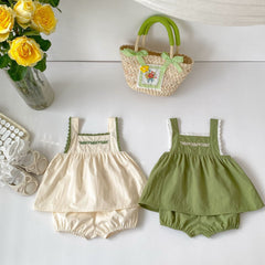 Baby Girl Embroidery Pattern Sling Tops With Shorts Sets