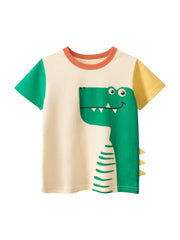 Boys’ Cartoon Dinosaur Print Color Patchwork Short Sleeves T-Shirt In