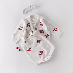 Baby Girl 1pc Cherry Embroidered Graphic Crotch Knitted Bodysuit &