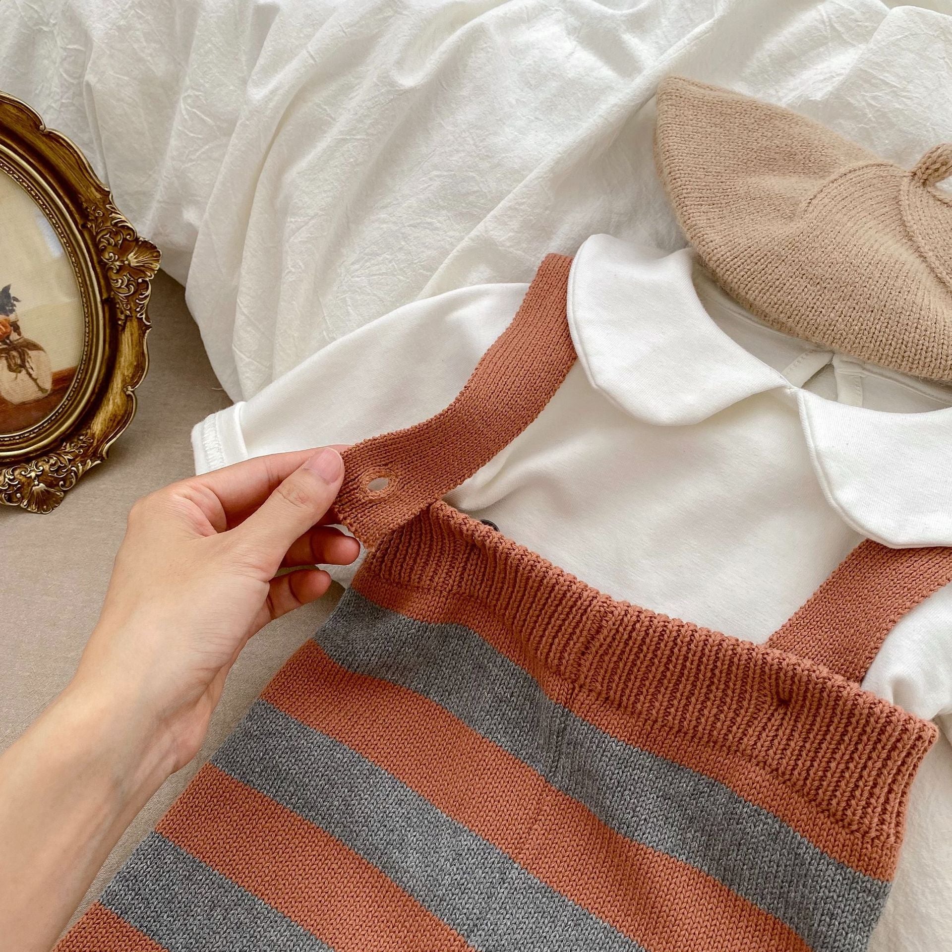 Autumn Newborn Striped Overalls Combo Blouses Sets