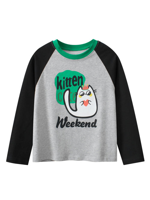 Arrival Kids Boys Cartoon Print Crew Neck Long Sleeves Color Patchwork