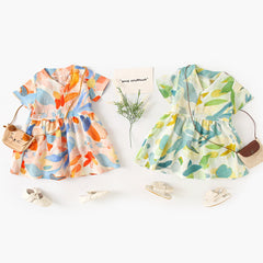 Summer New Arrival Baby Girls Casual Leaves Print Short Sleeves V Neck