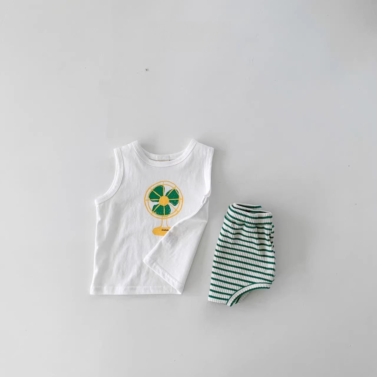 Summer Baby Kids Unisex Cartoon Pattern Top Vest And Striped Bloomers