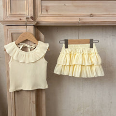 Summer New Arrival Baby Girls Sleeveless Solid Color Top And Ruffle