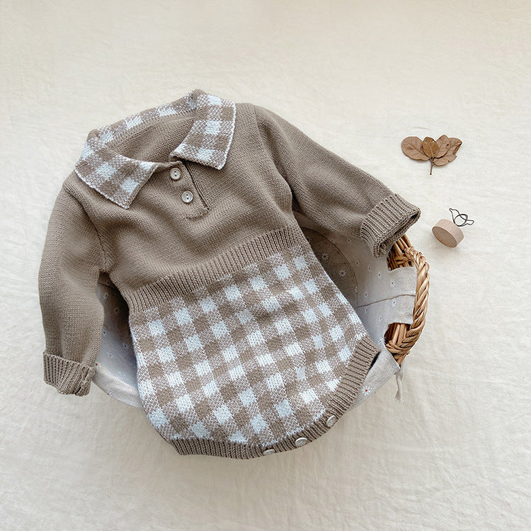 Baby Checkerboard Pattern Polo Neck Knit Warm Onesies