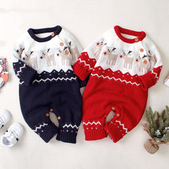 Baby Christmas Giraffe Pattern Shoulder Button Design Sweater Rompers