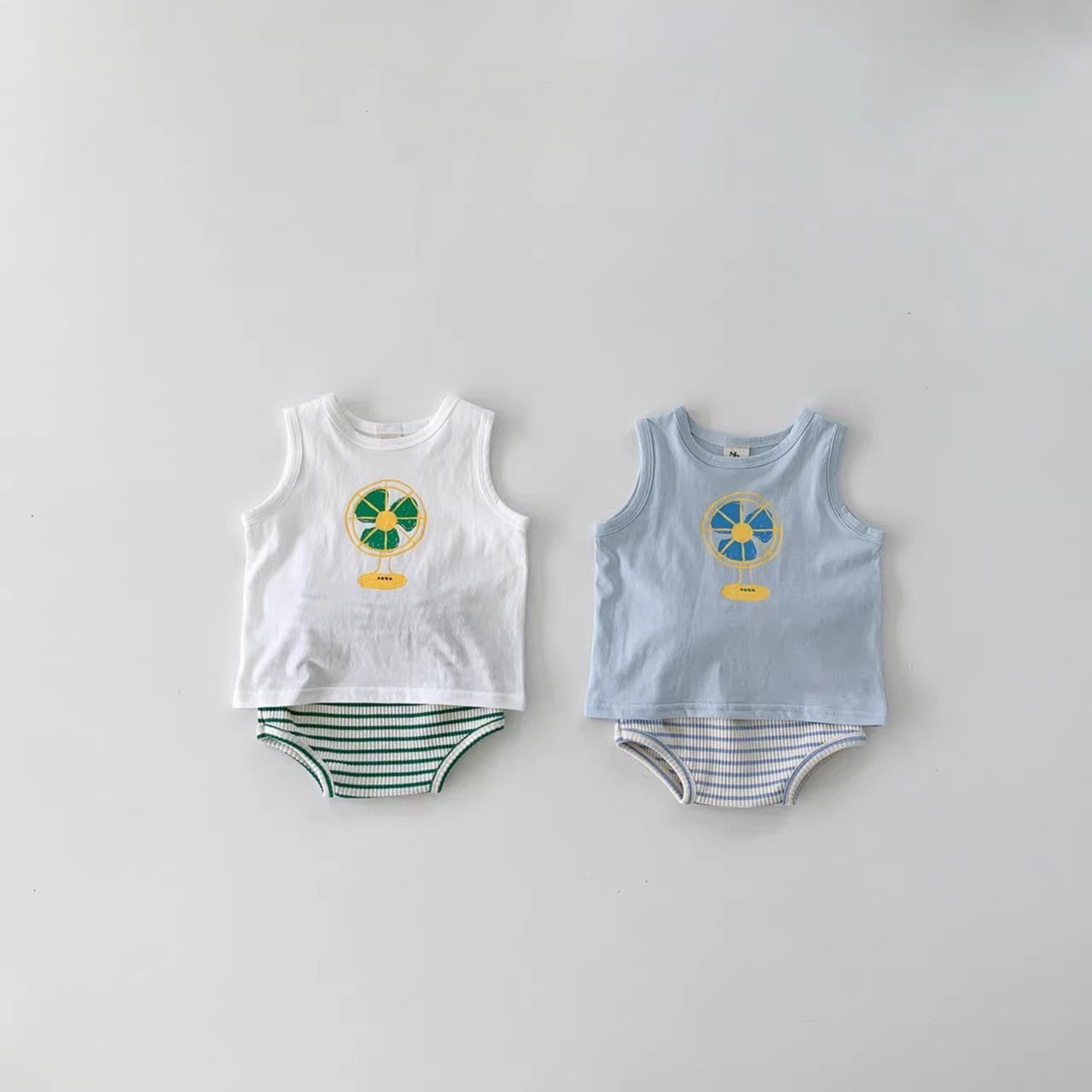 Summer Baby Kids Unisex Cartoon Pattern Top Vest And Striped Bloomers