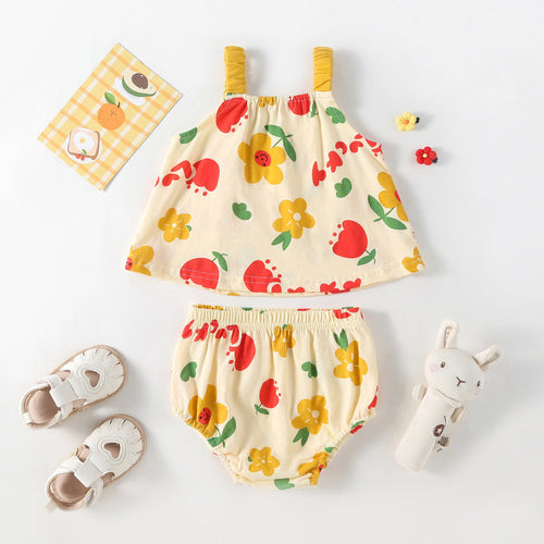 Summer Baby Kids Girls Floral Pattern Sleeveless Strap Top Dress And