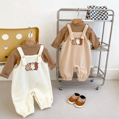 Winter Baby Unisex Basic Top and Teddy Cartoon Overalls Romper