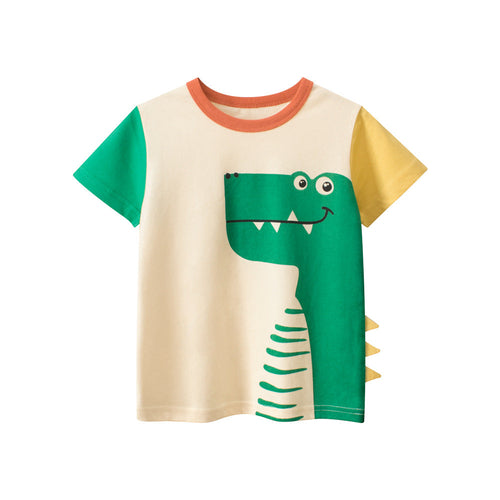 Boys’ Cartoon Dinosaur Print Color Patchwork Short Sleeves T-Shirt In