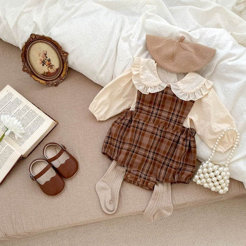 Vintage Style Plaid Pattern Strap Onesie With Shirt Sets