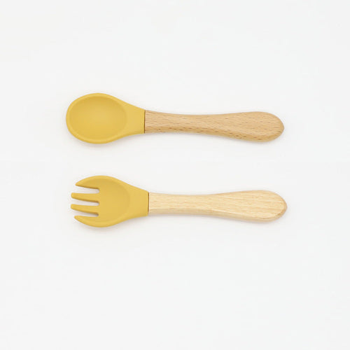 Baby Food Grade Wooden Handles Silicone Spoon Fork Cutlery