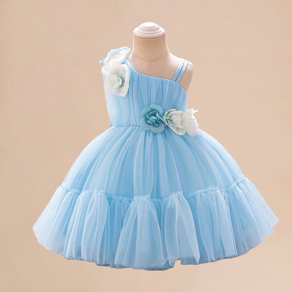 Summer Baby Kids Girls Princess Sleeveless 3D Flowers Birthday Tulle