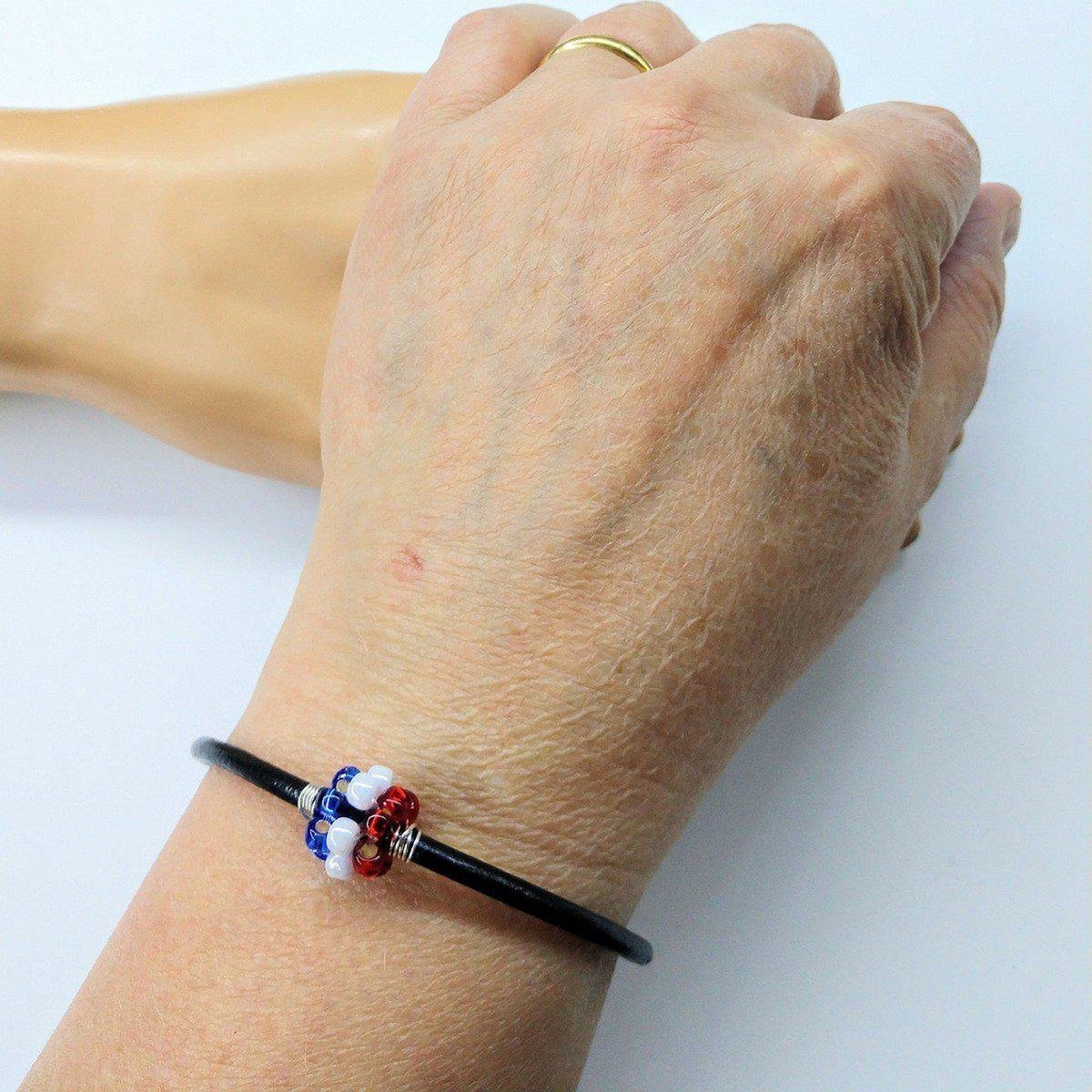 Red White And Blue Beaded Bead Leather Bracelet for Him and Her