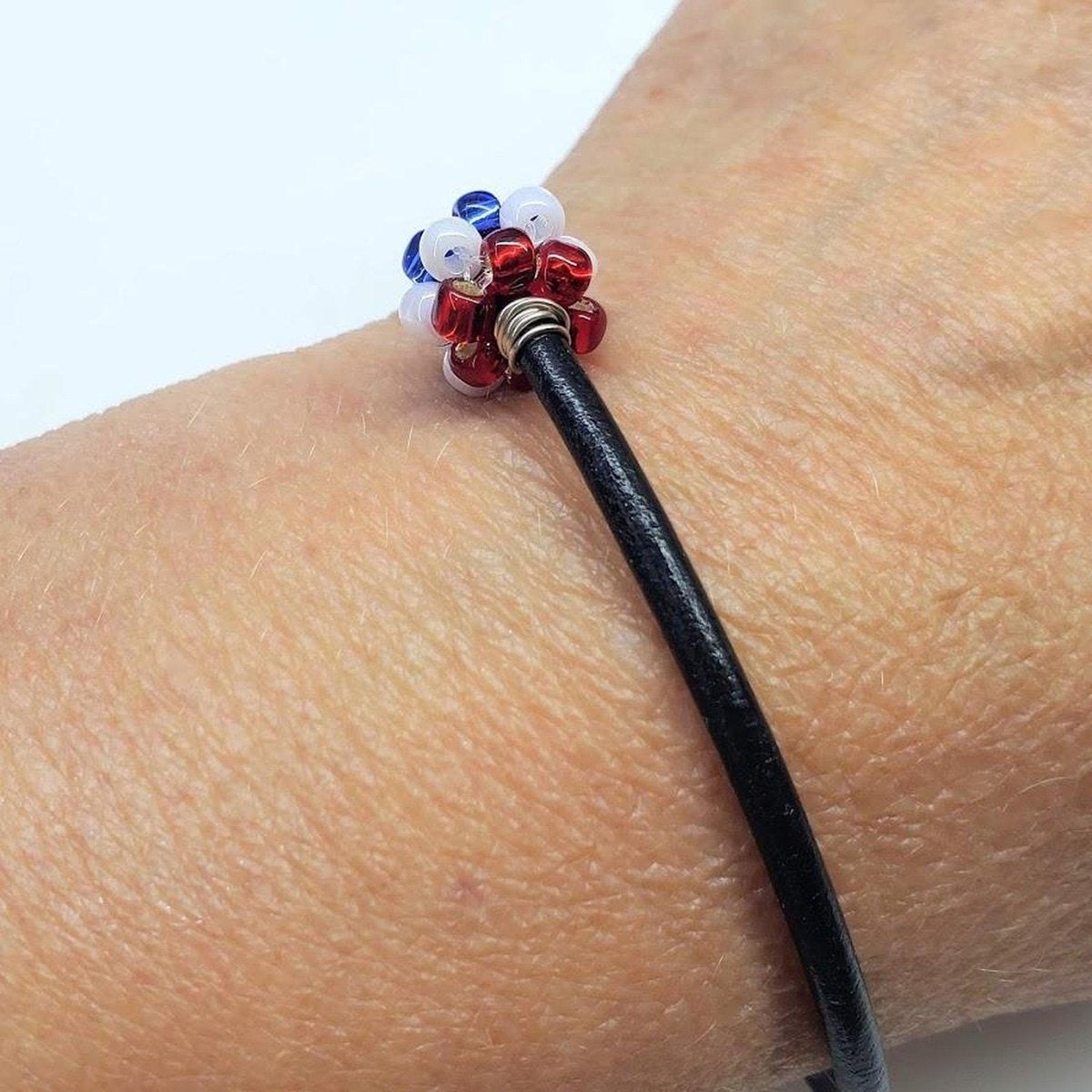 Red White And Blue Beaded Bead Leather Bracelet for Him and Her