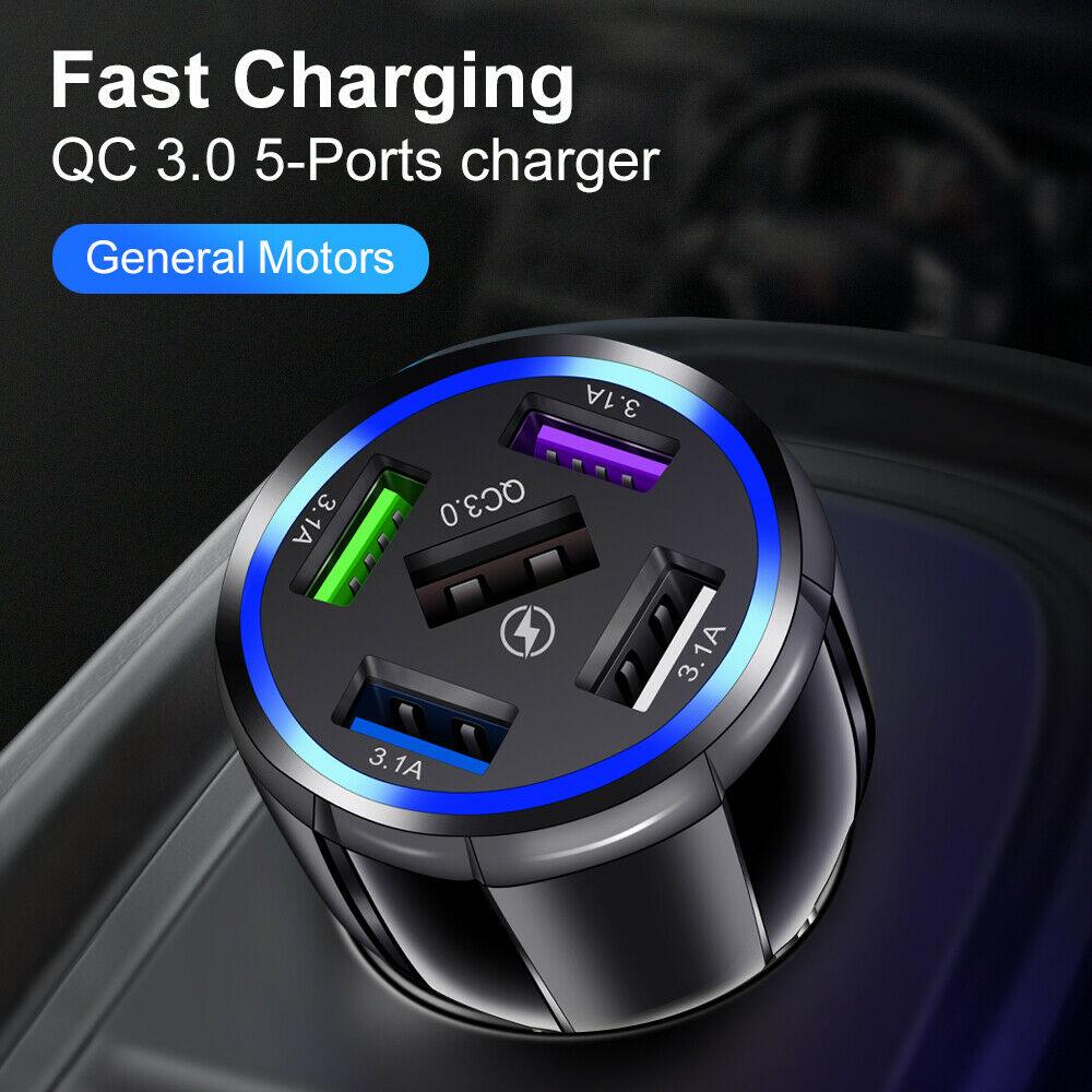 White 5-Port USB Fast Car Charger with LED, 10FT iPhone Cable - Quick - Horizon Bliss