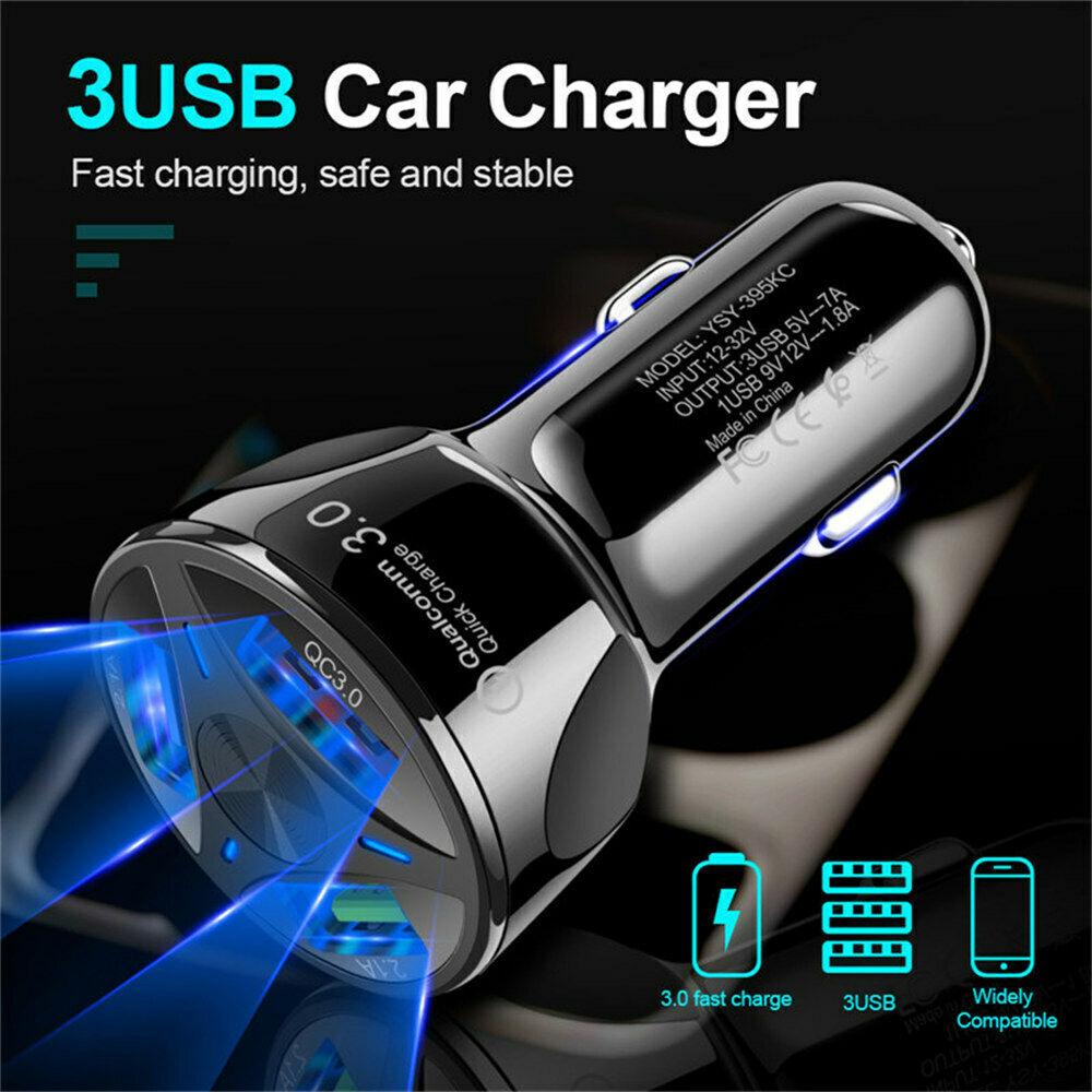 3 Port Fast LED White Car Charger + 3 in 1 Cable Combo Pink - Horizon Bliss