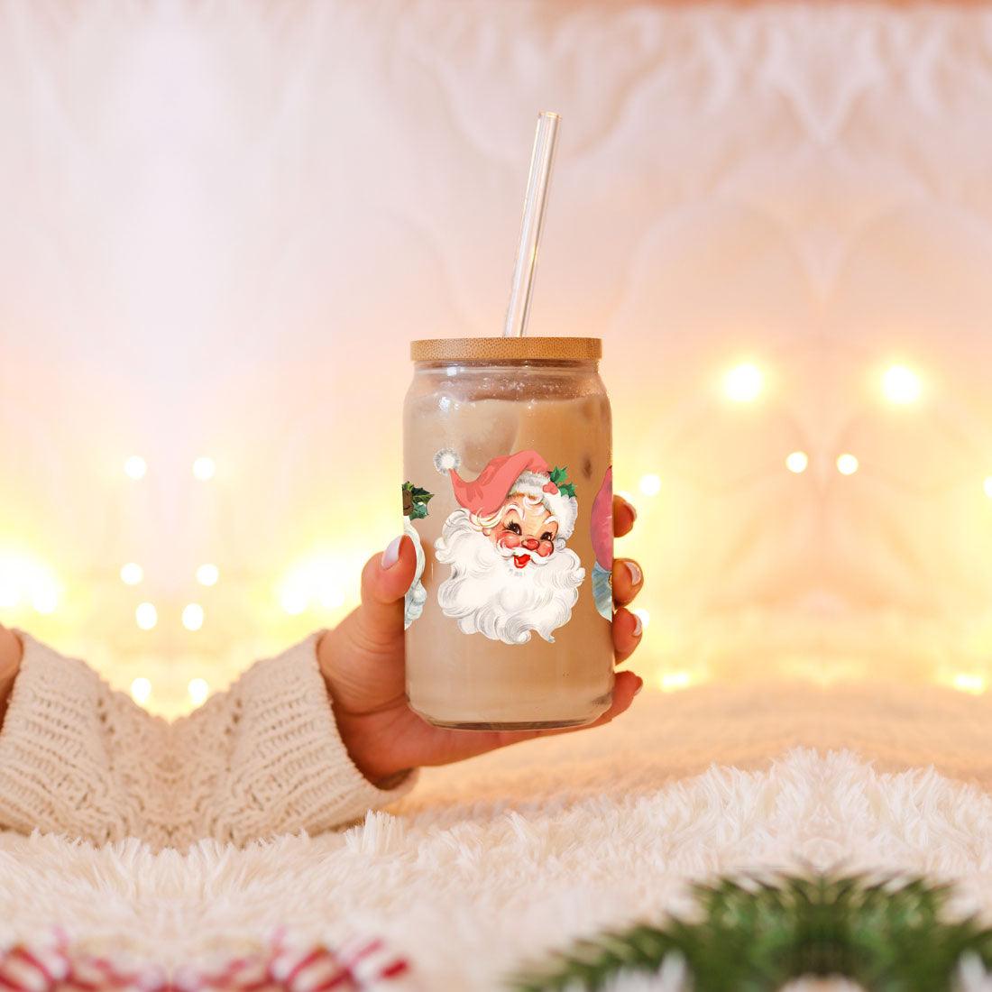 Vintage Santa Glass Cup with Lid & Straw