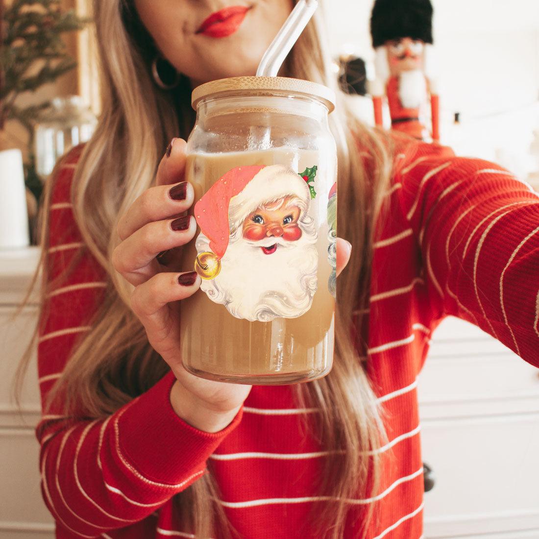 Vintage Santa Glass Cup with Lid & Straw