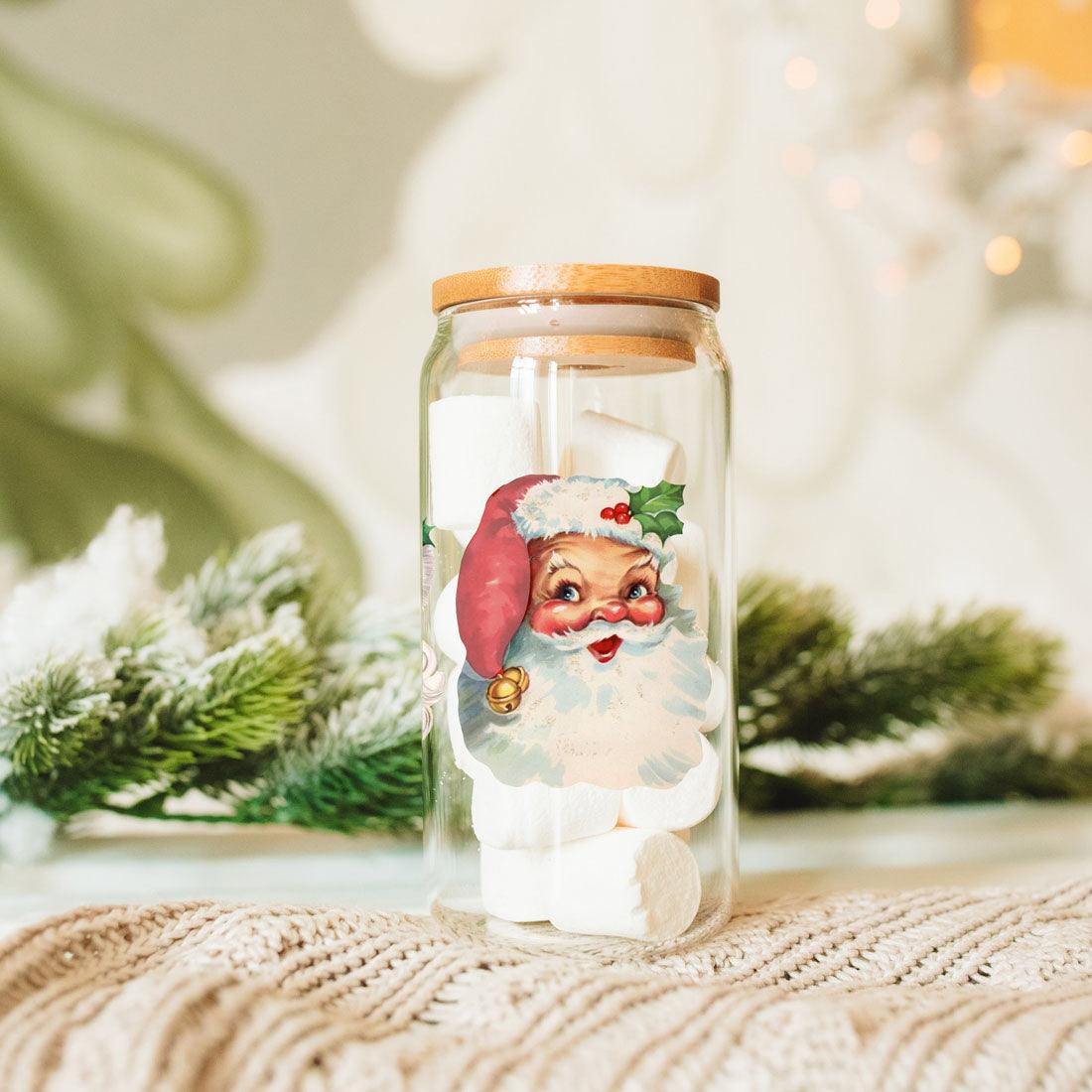 Vintage Santa Glass Cup with Lid & Straw