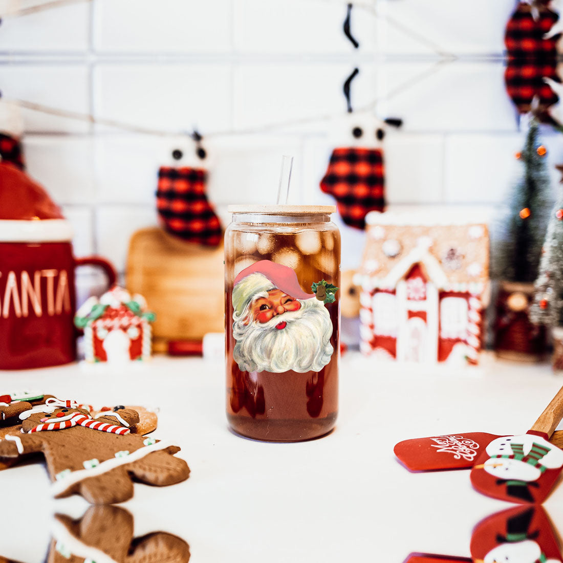 Vintage Santa Glass Cup with Lid & Straw