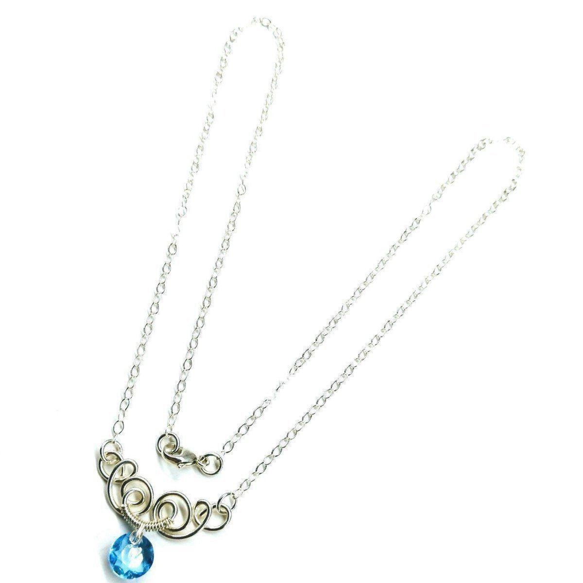 Silver Wire Sculpted Round Aqua Crystal Pendant Necklace - Horizon Bliss