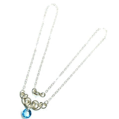 Silver Wire Sculpted Round Aqua Crystal Pendant Necklace - Horizon Bliss