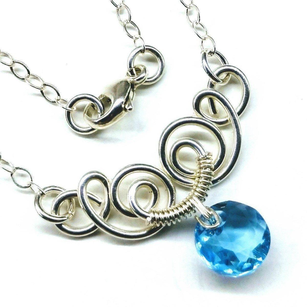 Silver Wire Sculpted Round Aqua Crystal Pendant Necklace - Horizon Bliss