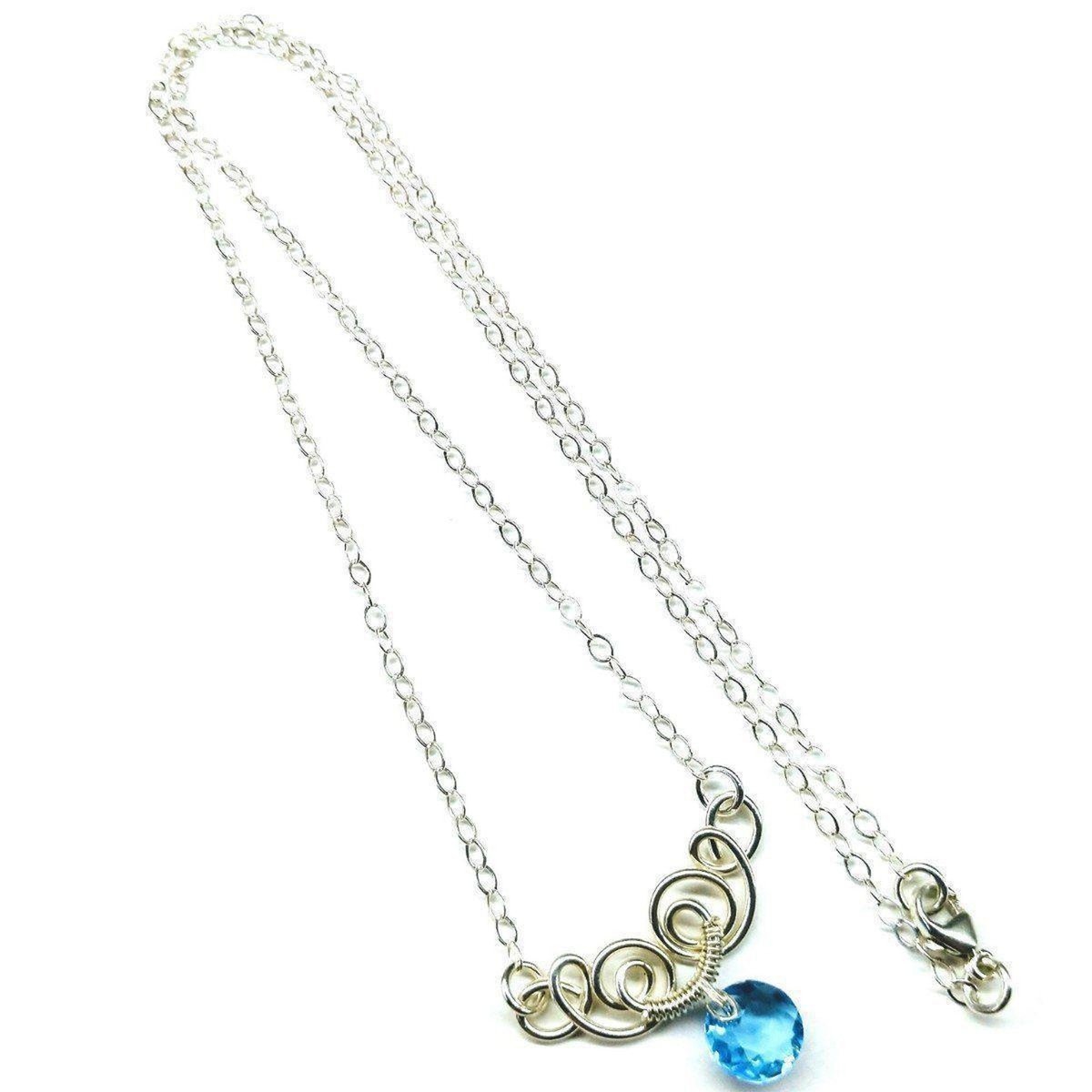 Silver Wire Sculpted Round Aqua Crystal Pendant Necklace - Horizon Bliss