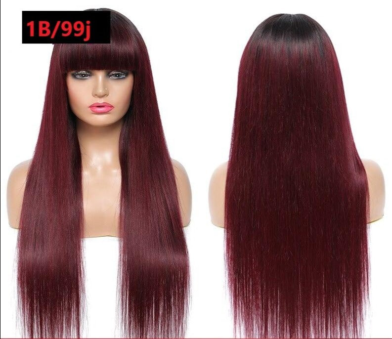 #1B/99J Brazilian Straight Human Hair Wigs with Bangs #99J No Glue Wig - Horizon Bliss