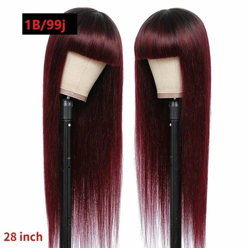 #1B/99J Brazilian Straight Human Hair Wigs with Bangs #99J No Glue Wig - Horizon Bliss