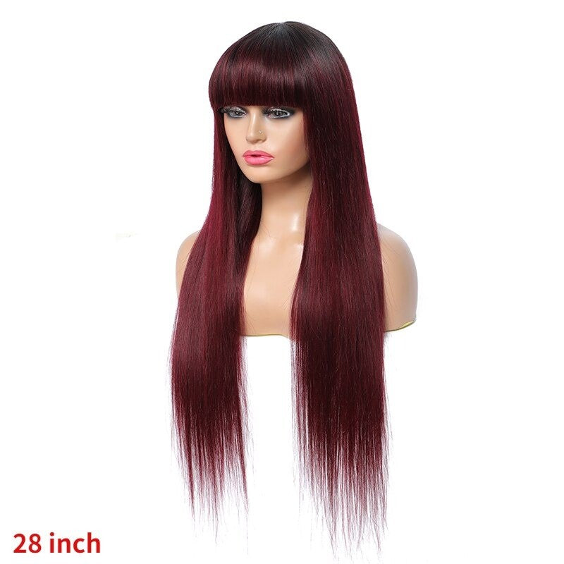 #1B/99J Brazilian Straight Human Hair Wigs with Bangs #99J No Glue Wig - Horizon Bliss