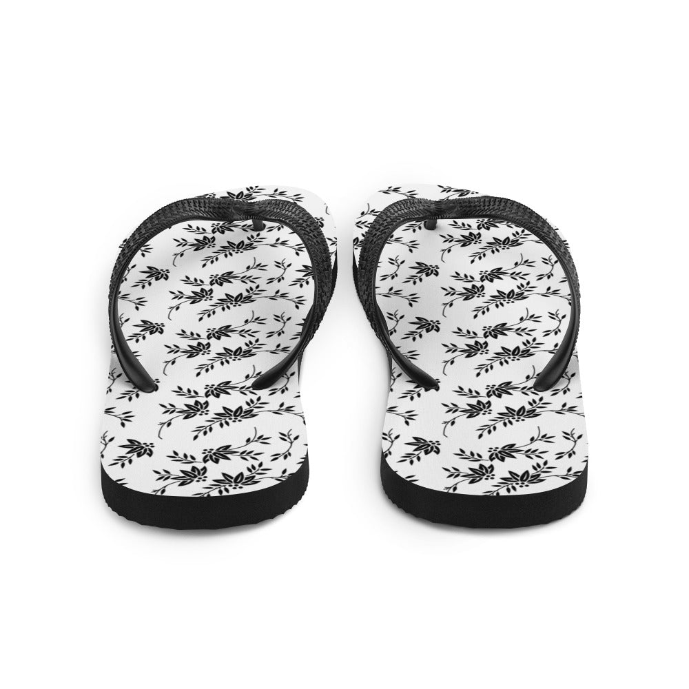 Black and White Floral Flip-Flops - Horizon Bliss