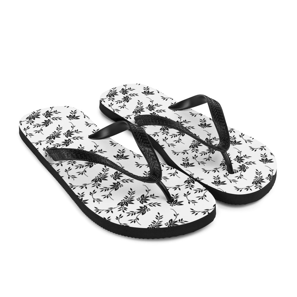 Black and White Floral Flip-Flops - Horizon Bliss