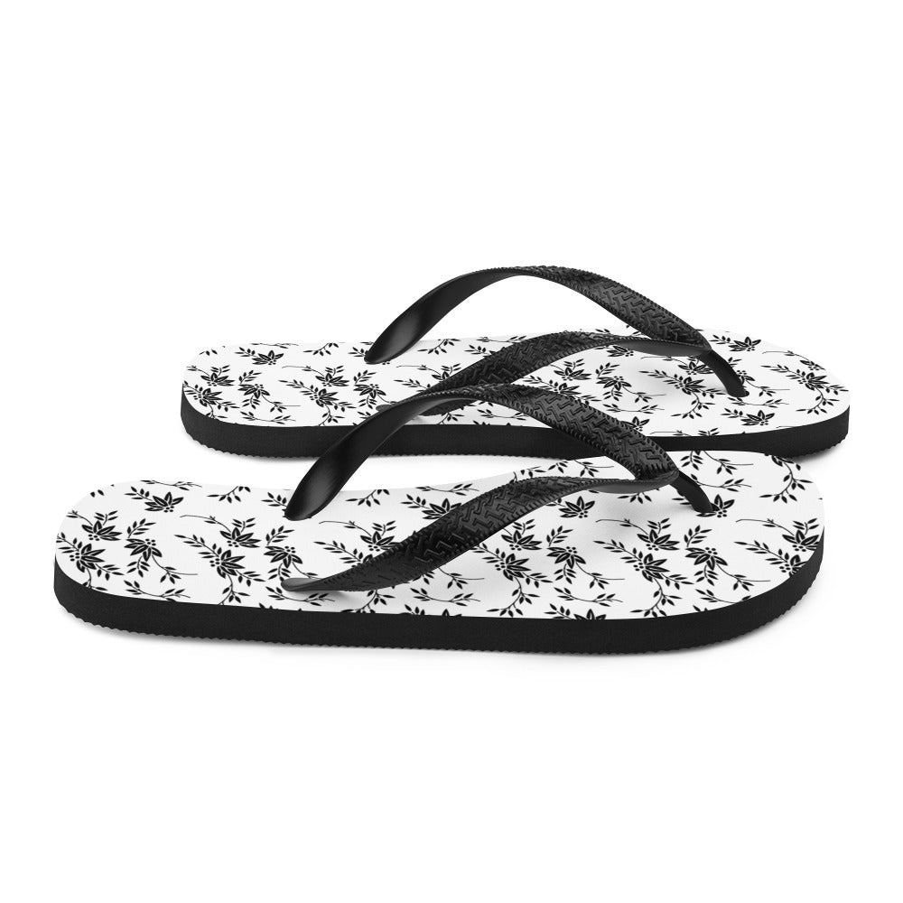 Black and White Floral Flip-Flops - Horizon Bliss