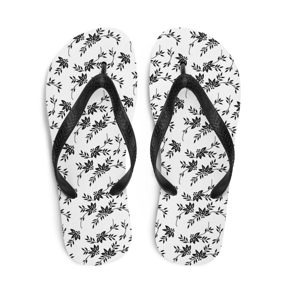 Black and White Floral Flip-Flops - Horizon Bliss