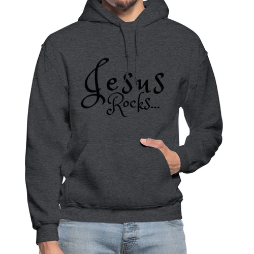 Mens Hoodie - Pullover Hooded Sweatshirt -black Graphic/jesus Rocks - Horizon Bliss