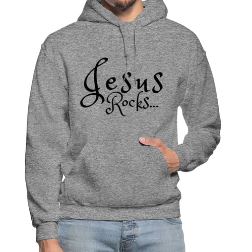 Mens Hoodie - Pullover Hooded Sweatshirt -black Graphic/jesus Rocks - Horizon Bliss